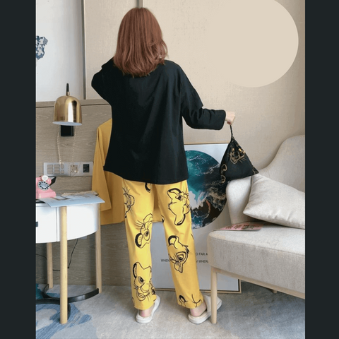 Black Yellow Lion Printed Casual PJ Set For Her