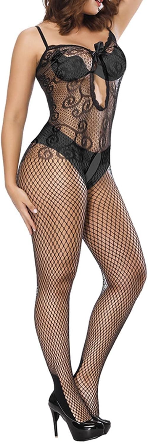 Femmes Exotique Fishnet Bodystocking Lace Plein Corps Bas Maille Voir À travers Trou Longues Manches Babydoll Boduits