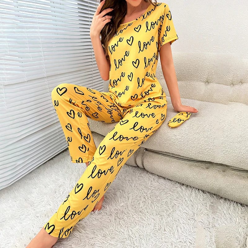 Yellow Love Printed T-shirt And Trouser Suit (AA-149)