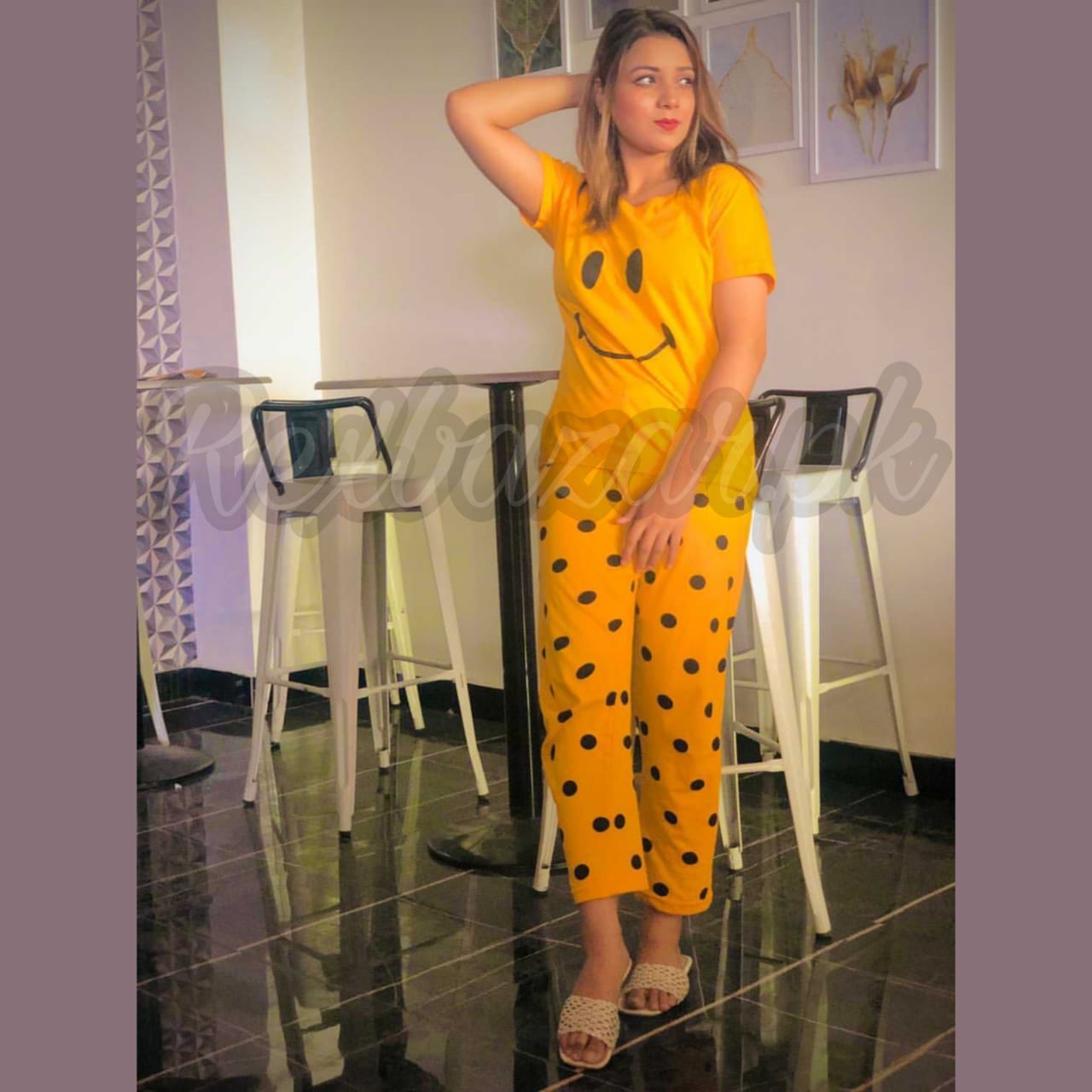 Yellow Smile with Dotted Printed Pajama Half Sleeves Night Suit for her (AA-17)