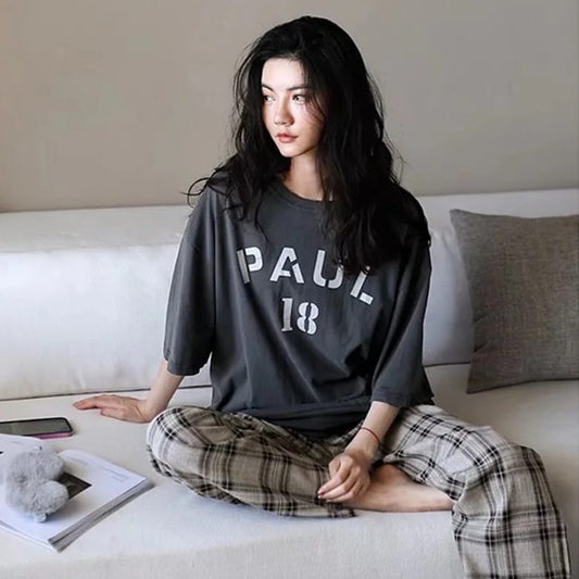 Grey Half Sleeves Paul Printed T-shirt With Check Trouser Suit (AA-43)