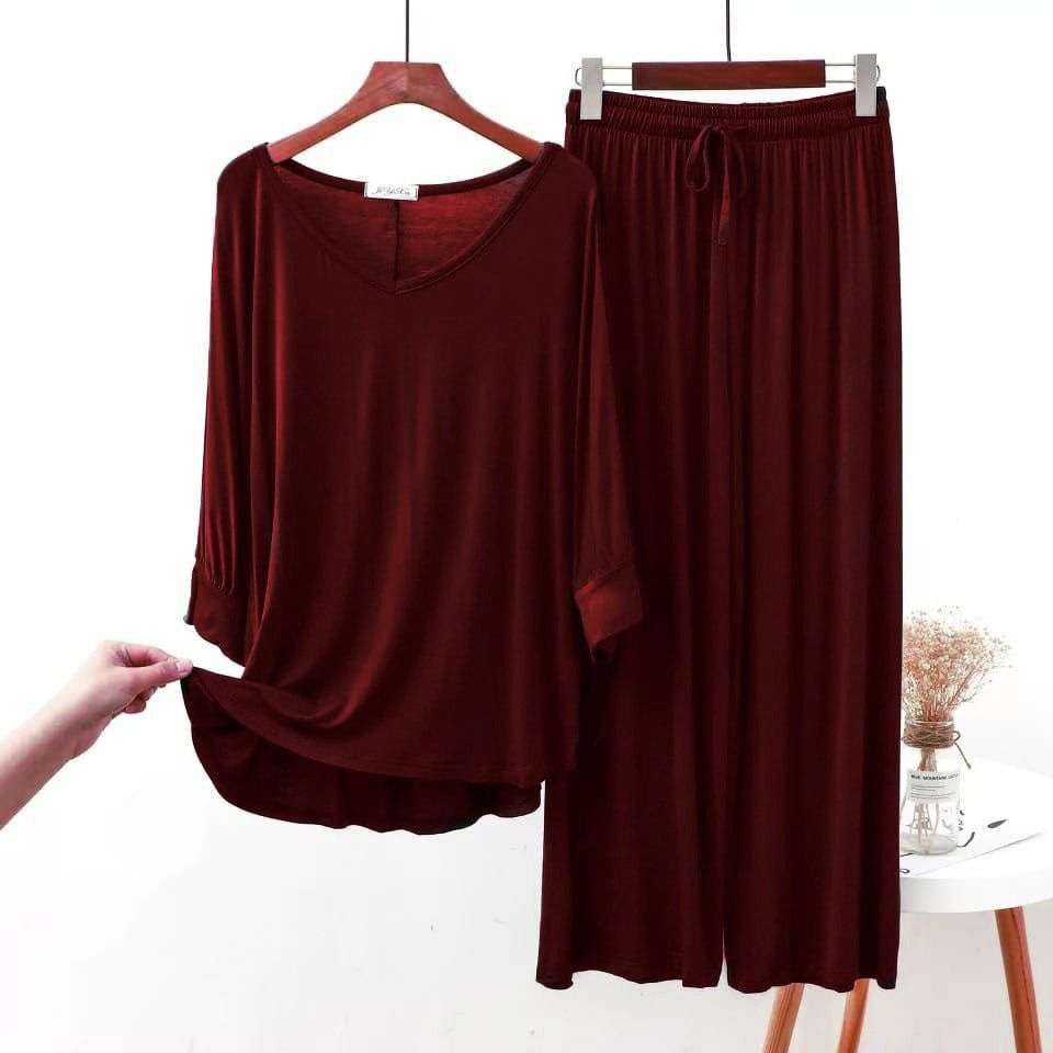 Plain Maroon V Neck with Palazzo Style Pajama Full Sleeves Suit for Her (AA-255) (AA-60)