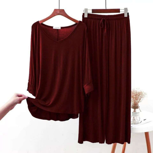 Plain Maroon V Neck with Palazzo Style Pajama Full Sleeves Suit for Her (AA-255) (AA-60)