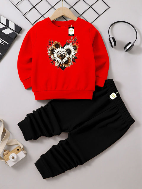 HEART PRINTED RED & BLACK KIDS WINTER TRACK SUIT