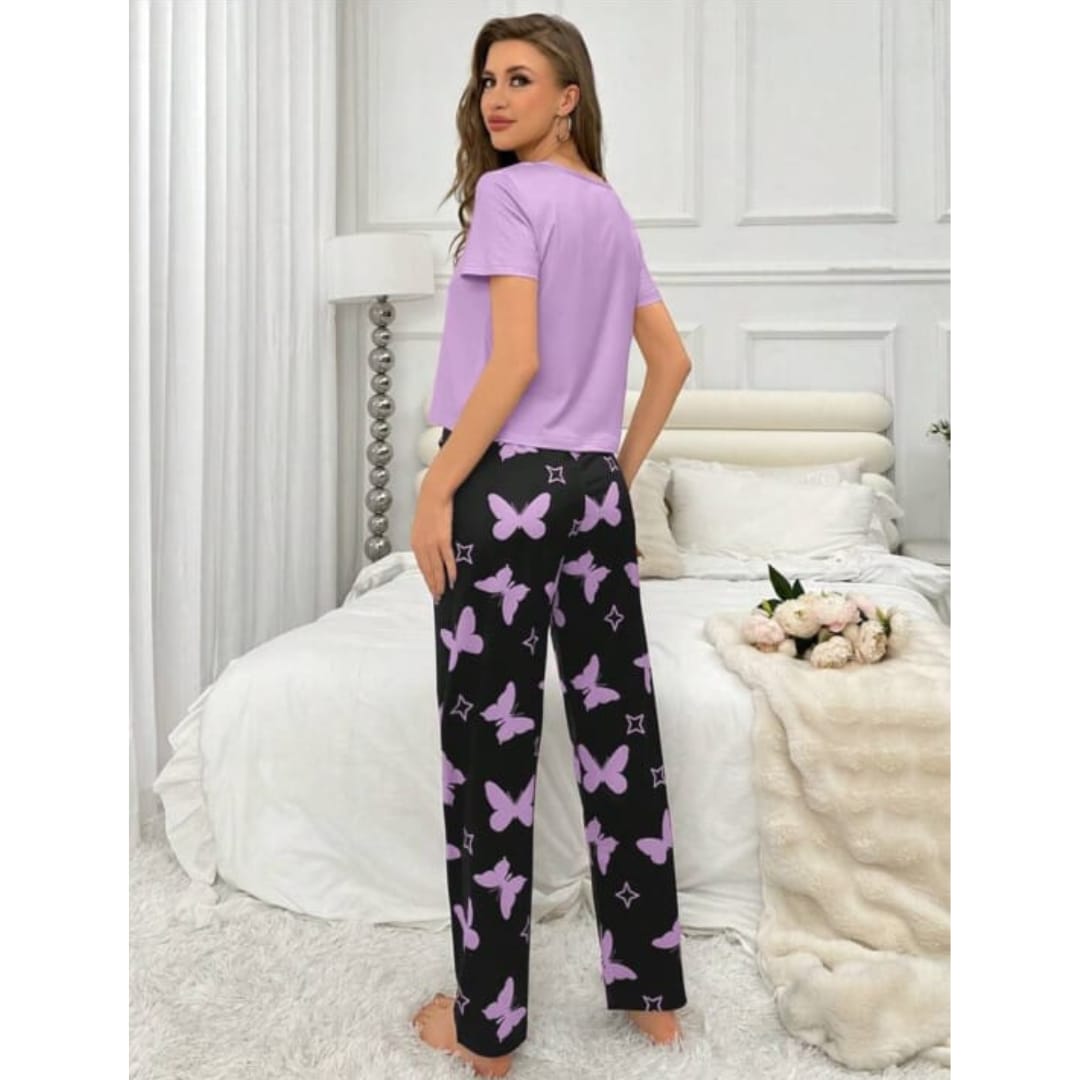 Purple With Black Butterflies Heart Printed T-shirt And Butterflies Printed Trouser Suit (AA-184)