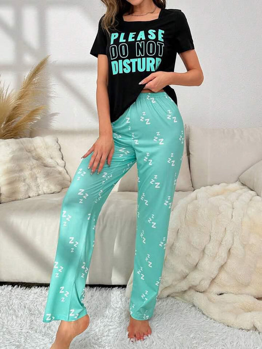 Black Please Do Not Disturb Printed Half Sleeves T-shirt With Printed Trouser Suit (AA-179)