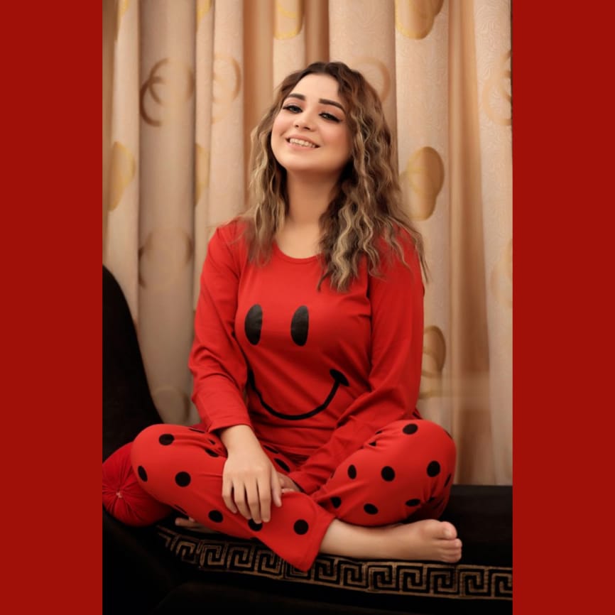 Red Smile with Dotted Style Pajama Full Sleeves Night Suit for her (AA-20)