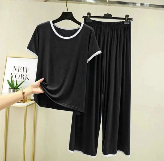 Black With White Pipin Neck And Sleeves Half Sleeves Suit (AA-156)