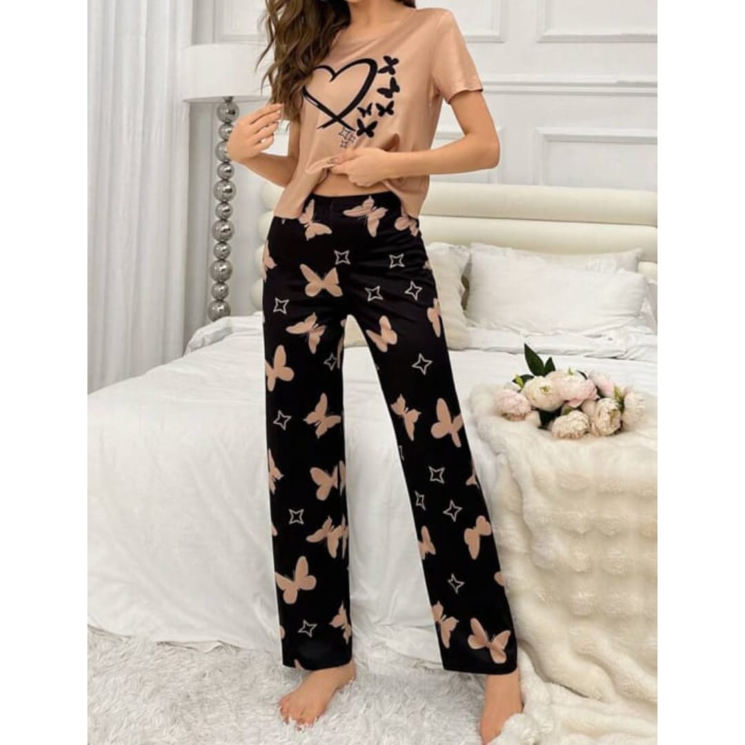 Brown With Black Butterflies Heart Printed T-shirt And Butterflies Printed Trouser Suit (AA-183)