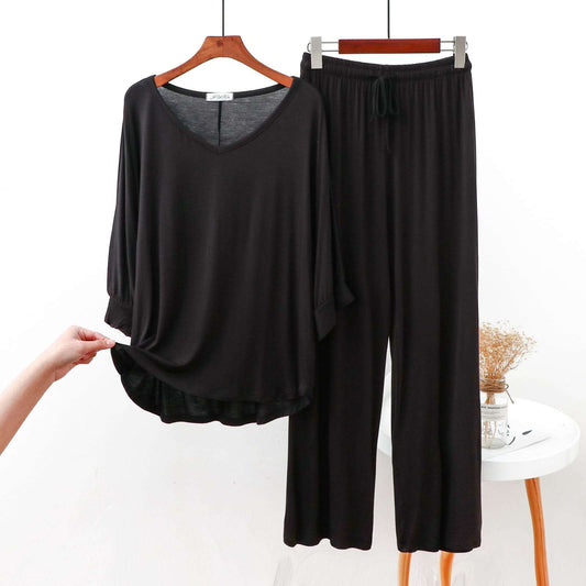 Plain Black V Neck with Palazzo Style Pajama Full Sleeves Suit for Her (AA-64)