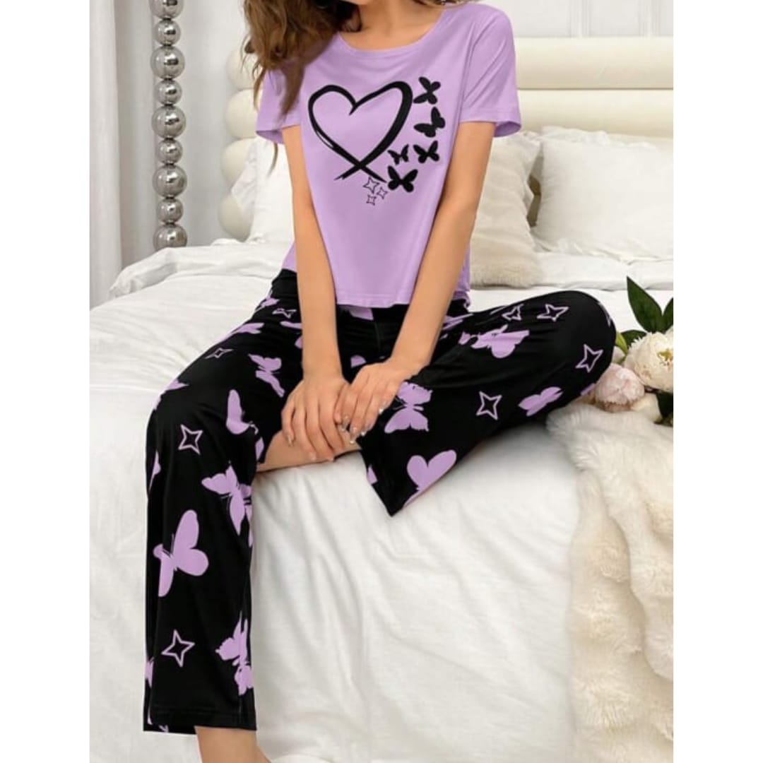 Purple With Black Butterflies Heart Printed T-shirt And Butterflies Printed Trouser Suit (AA-184)