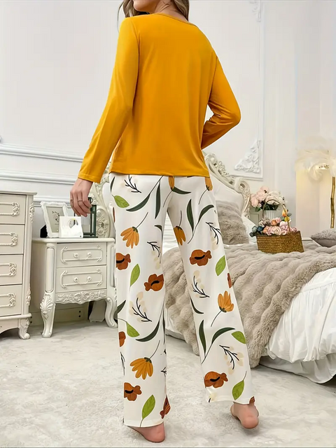 Mustard Yellow Floral Pocket Printed PJ Set For Her