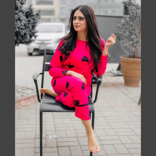 Shocking Pink With Black Big Heart print Full Sleeves Night Suit for her (AA-31)