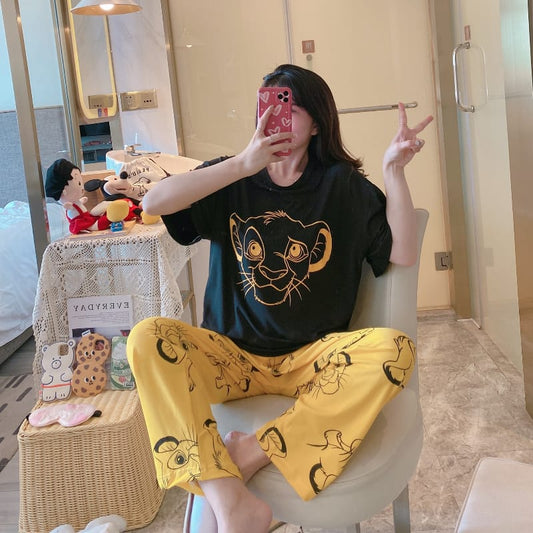 Black and Yellow SIMBA print T-shirt with Printed Pajama Half Sleeves Night Suit for her (AA-26)