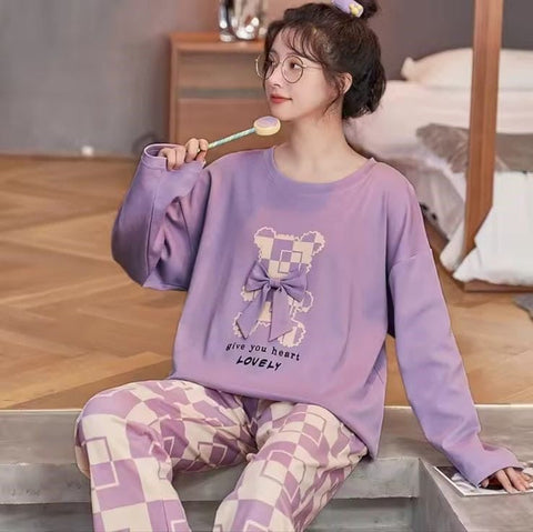 Lilac Lovely Bear Printed PJ Set For Her