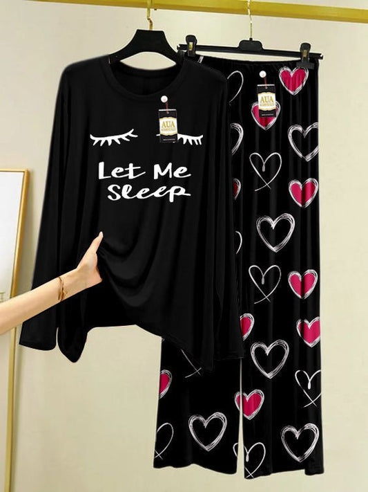 Let Me Sleep Printed Black Heart Printed Trouser Color Lounge wear Nightwear Sleepwear With Heart Prinred Trouser For Women By AA closets