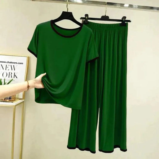 Green With Black Pipin Neck And Sleeves Half Sleeves Suit (AA-159)