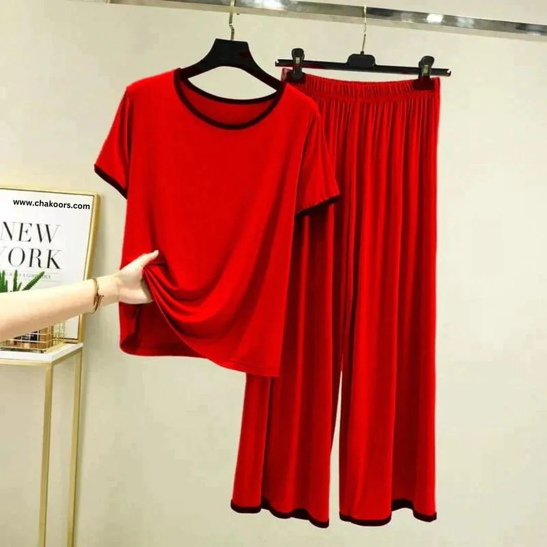 Red With Black Pipin Neck And Sleeves Half Sleeves Suit (AA-160)
