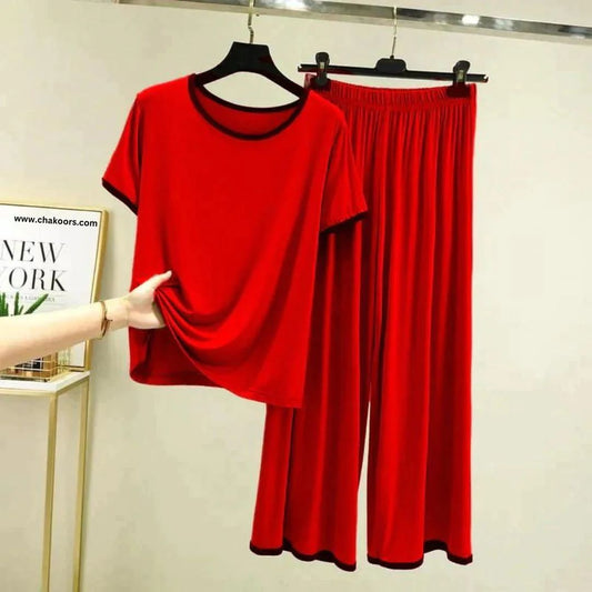 Red With Black Pipin Neck And Sleeves Half Sleeves Suit (AA-160)