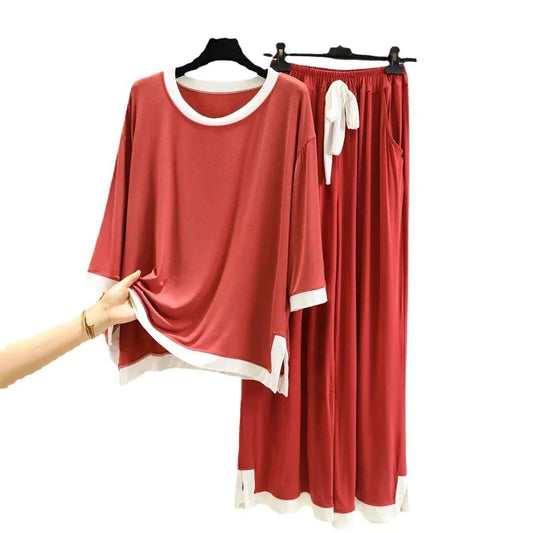 Red With White Round Neck Flapper Pajama Night Suit (AA-56)