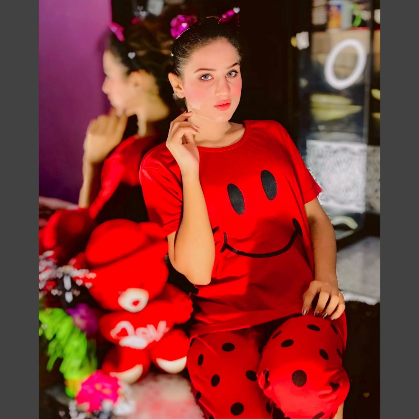 Red Smile with Dotted Style Pajama Half Sleeves Night Suit for her (AA-23)