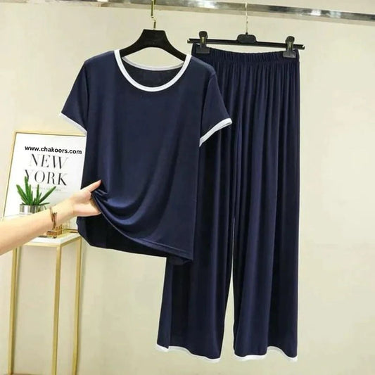 Navy Blue With White Pipin Neck And Sleeves Half Sleeves Suit (AA-157)