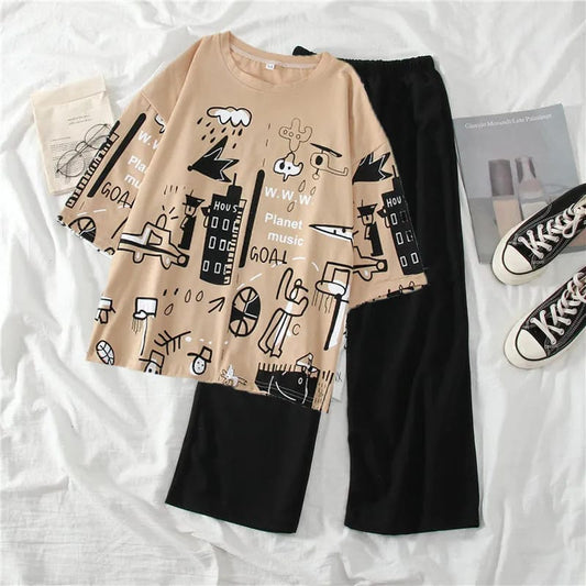 Skin Multi Printed Half Sleeves T-shirt With Plain Black Trouser Suit (AA-153)