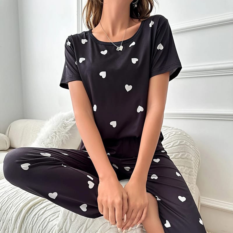Black With White Hearts Print Half Sleeves T-shirt And Trouser Suit (AA-44)