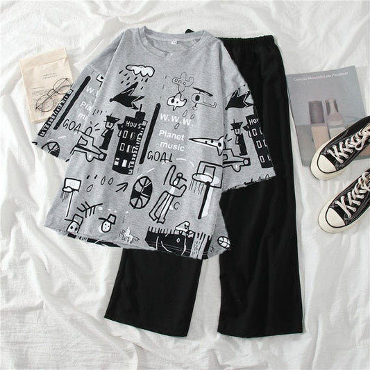 Grey Multi Printed Half Sleeves T-shirt With Plain Black Trouser Suit (AA-46)