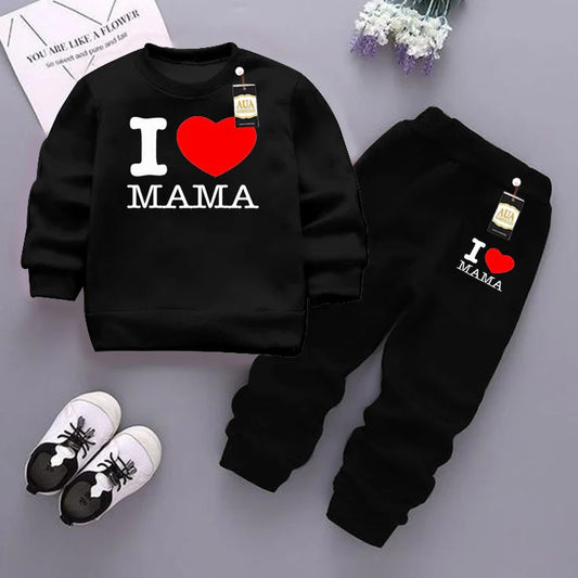 Black (I love Mama ) Printed Kids Tracksuit for Winter