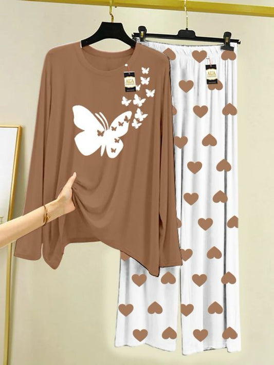 BROWN FLYING BUTTERFLY PRINTED MINI HEART PRINTED TROUSER