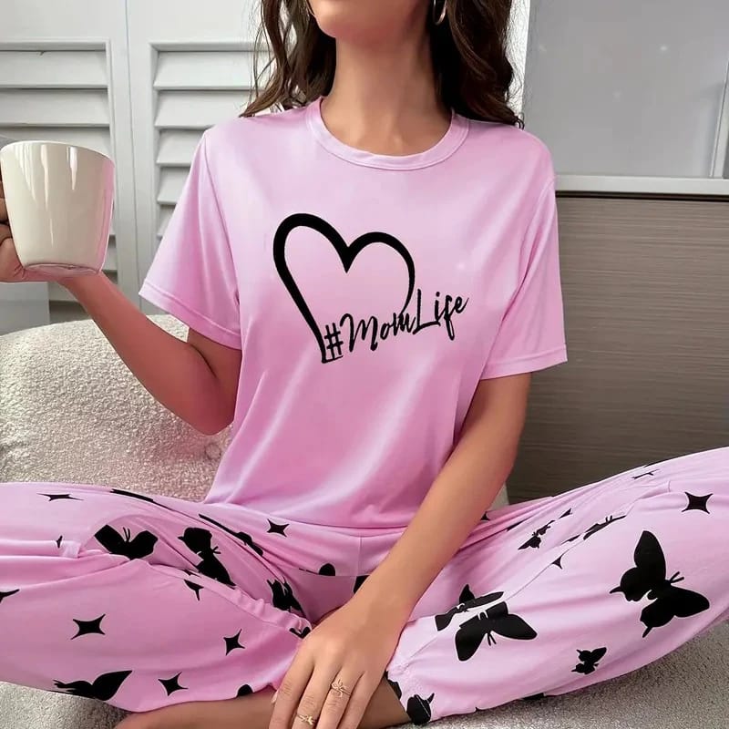 Pink Mom Life Printed Half Sleeves T-shirt With Printed Trouser Suit (AA-45)