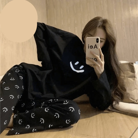 Black Smile Printed Casual PJ Set For Her