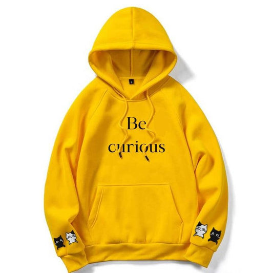 Yellow Be Curious Printed Hoodie For Her