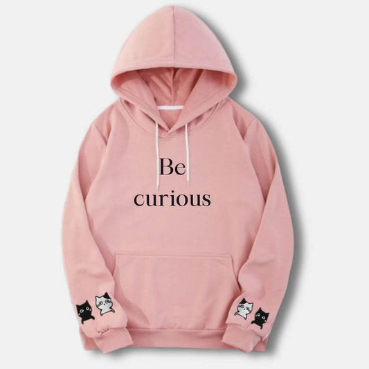 Baby Pink Be Curious Printed Hoodie For Her