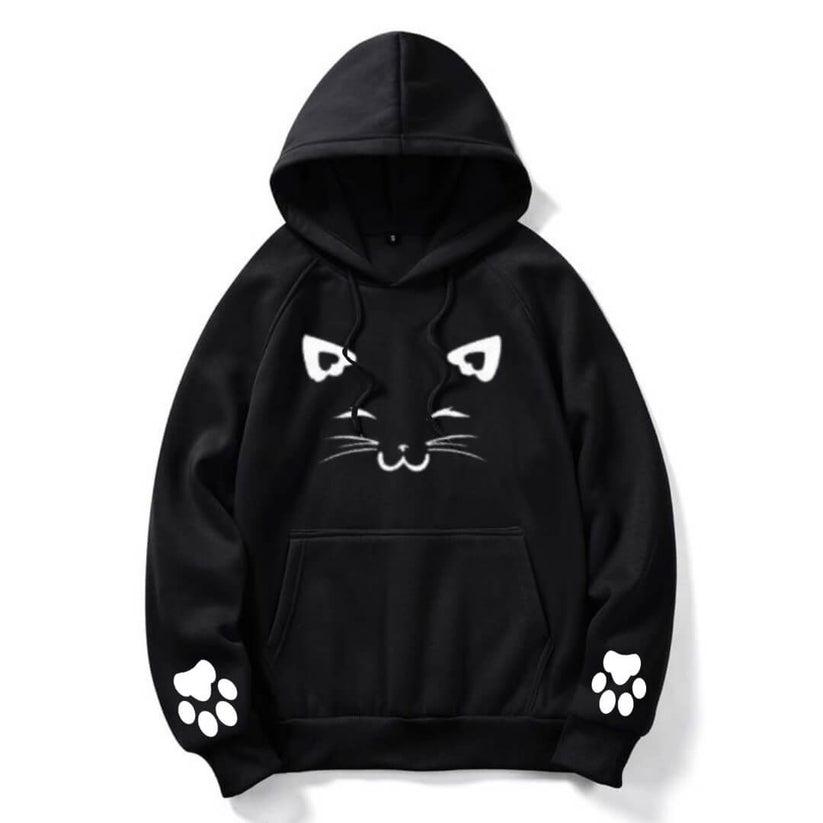 Black Meow Printed Hoodie For Her