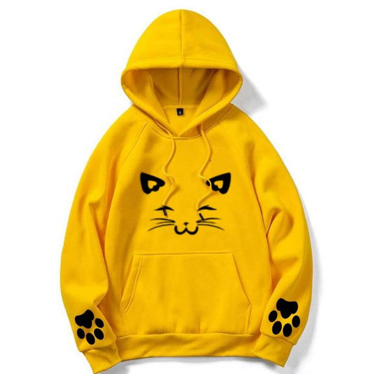 Yellow Meow Printed Hoodie For Her