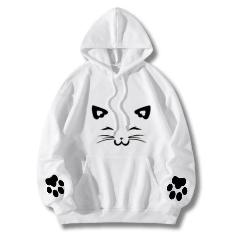 White Meow Printed Hoodie For Her
