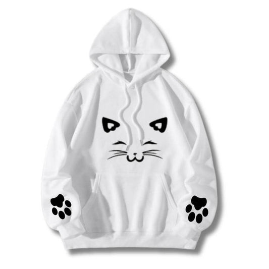 White Meow Printed Hoodie For Her