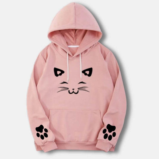Baby Pink Meow Printed Hoodie For Her