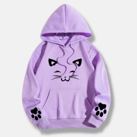 Purple Meow Printed Hoodie For Her