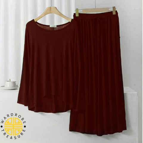 Maroon Frill Sleeves Shirt with Pajama Lounge Wear For Her