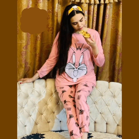 Baby Pink Bunny Printed Casual PJ Set For Her