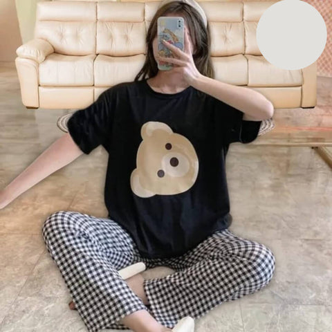 Black Bear Printed Casual PJ Set For Her