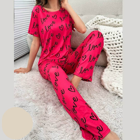 Dark Pink Love Printed Casual PJ Set For Her