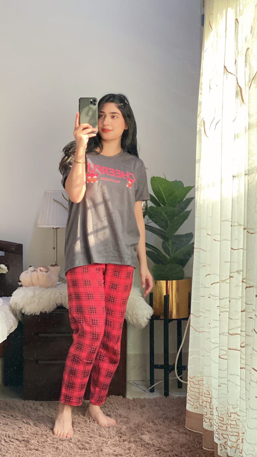 Grey Half Sleeves Cheerful T-shirt With Check Trouser Suit (AA-42)