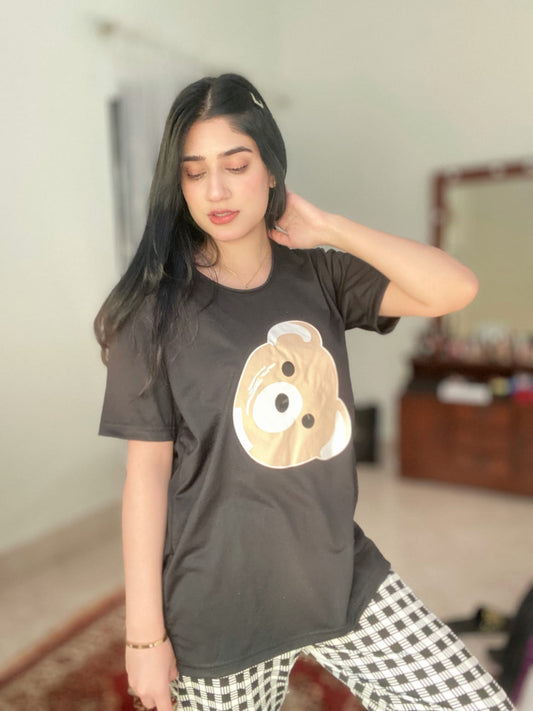 Black Bear Half Sleeves T-shirt With Check Printed Trouser Suit (AA-48)