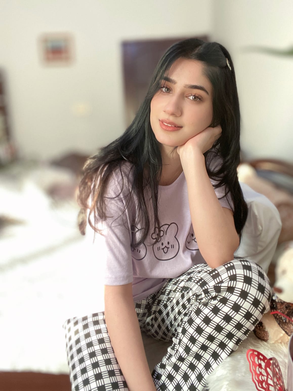 Light Purple Bear Print Half Sleeves T-shirt With Check Trouser Suit (AA-41)