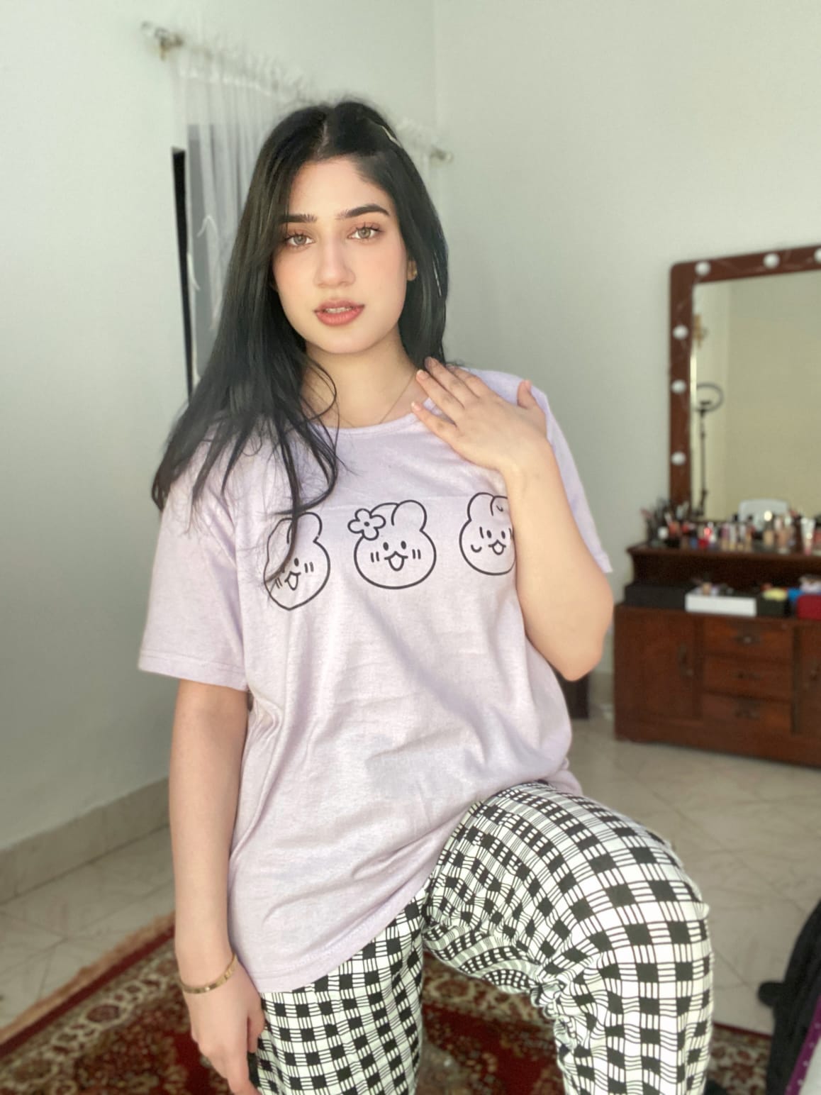 Light Purple Bear Print Half Sleeves T-shirt With Check Trouser Suit (AA-41)