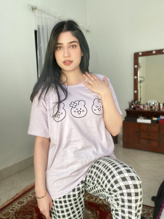 Light Purple Bear Print Half Sleeves T-shirt With Check Trouser Suit (AA-41)
